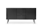 Black ribbed sideboard with two doors, two drawers, and slim black tapered legs
