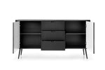 Black ribbed sideboard with open cabinet doors showing interior shelves and drawers
