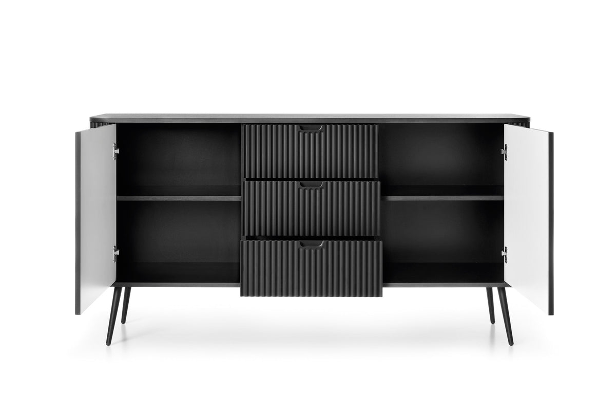 Black ribbed sideboard with open cabinet doors showing interior shelves and drawers