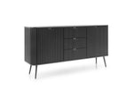 Black Mila sideboard with vertical ribbed doors, two bar handles, tapered legs