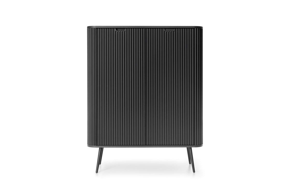 Black highboard cabinet with vertical ribbed door fronts and four tapered legs
