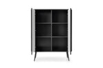 Black highboard cabinet with open doors showing six interior shelves and tapered legs