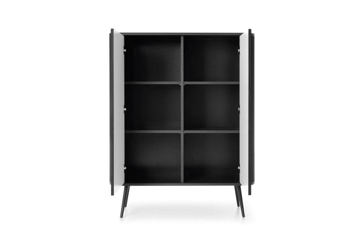 Black highboard cabinet with open doors showing six interior shelves and tapered legs