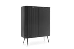 Black highboard cabinet with vertical ribbed doors and tapered legs