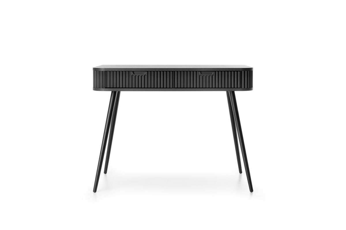 Black dressing table angled view with ribbed striped drawer front and tapered legs