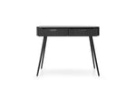 Black dressing table with ribbed striped drawer front and slim black tapered legs