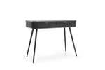 Black slatted-top desk with lower drawer and tapered wooden legs