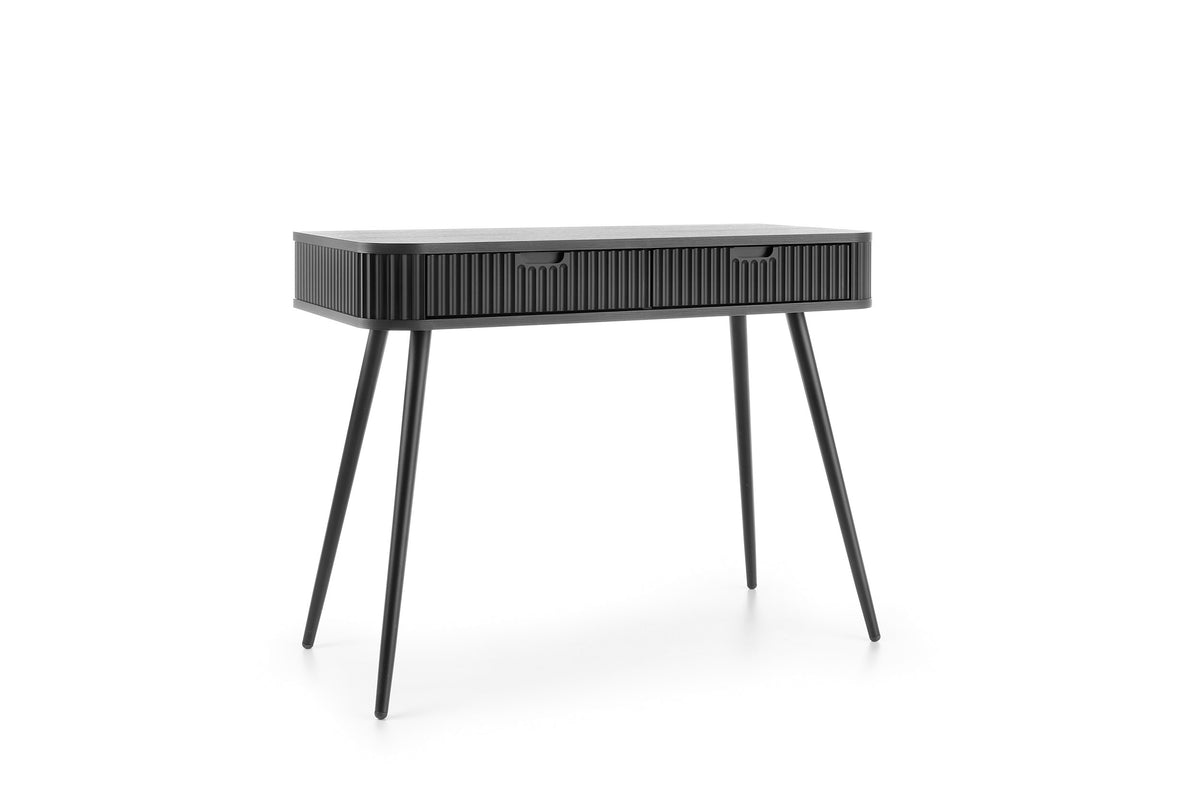 Black slatted-top desk with lower drawer and tapered wooden legs