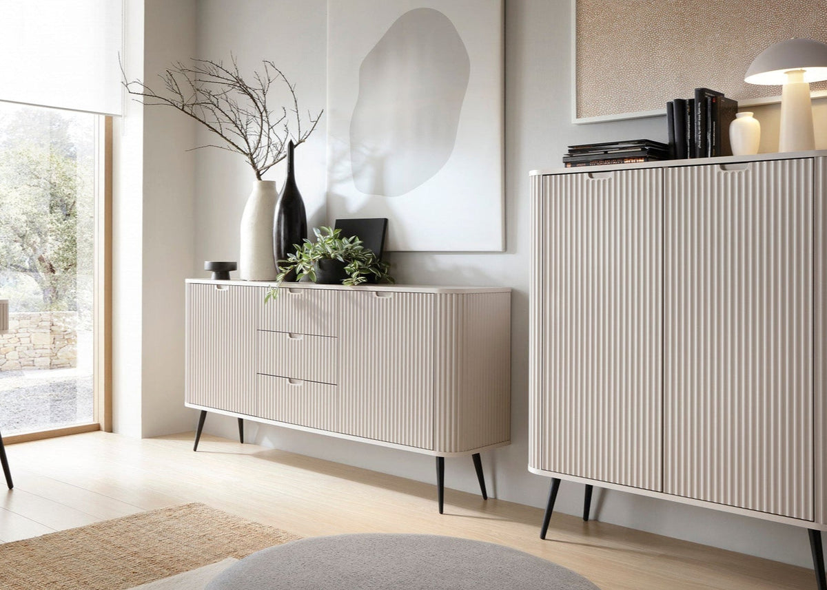 Cashmere ribbed sideboard with two drawers and two cabinet doors on tapered legs