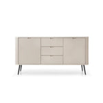 White ribbed sideboard with two doors, two drawers, and black tapered legs