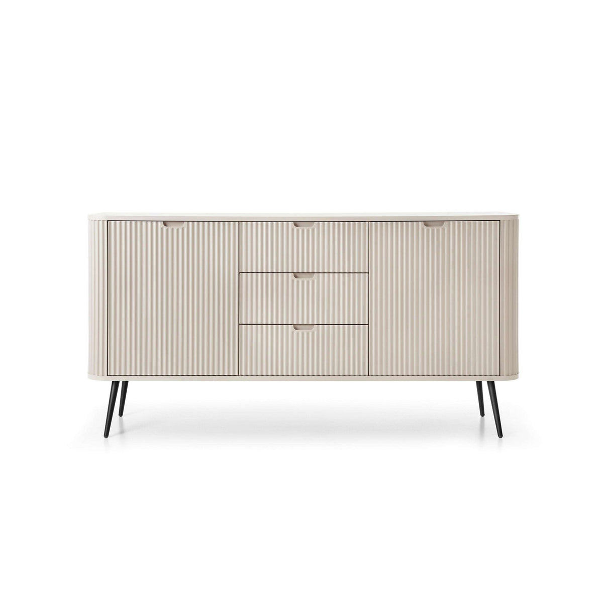 White ribbed sideboard with two doors, two drawers, and black tapered legs