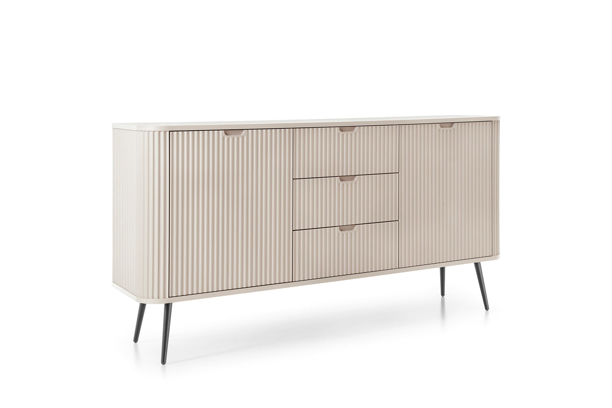 Cashmere Mila sideboard with vertical ribbed doors, two bar handles, tapered legs