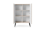 White highboard cabinet with open doors and six interior cubbies on tapered legs