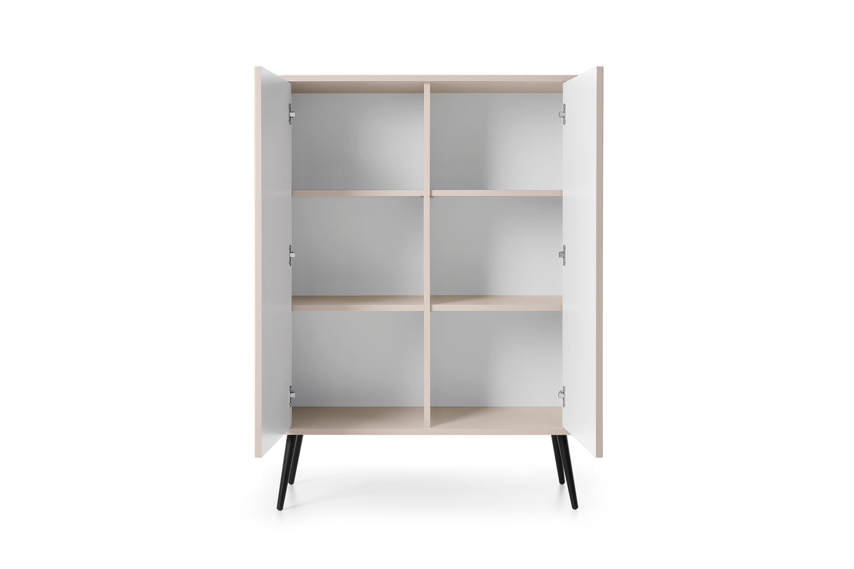 White highboard cabinet with open doors and six interior cubbies on tapered legs