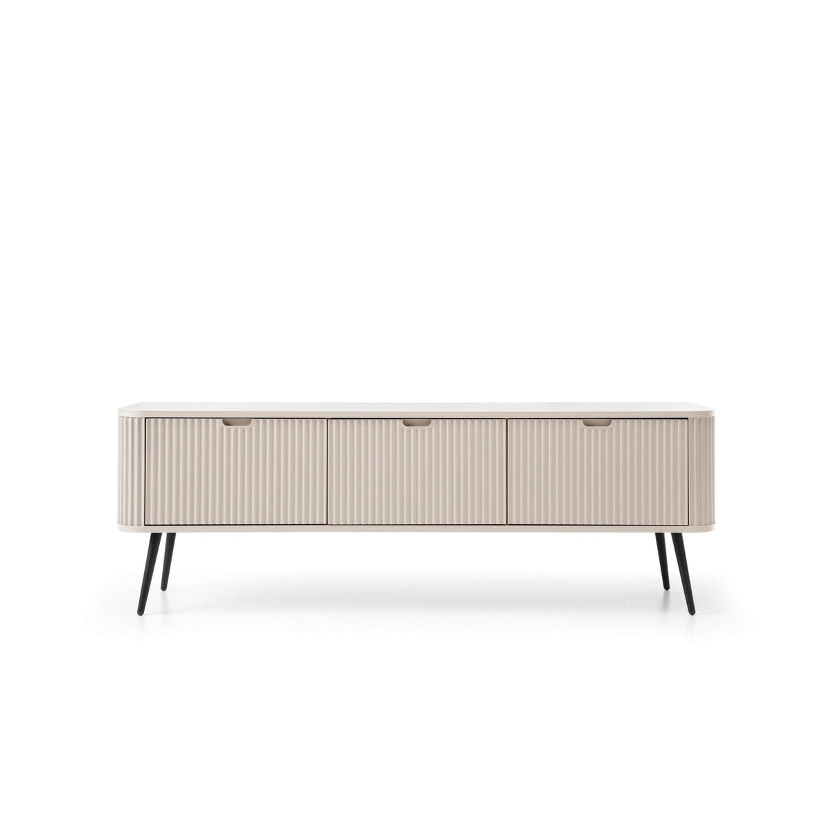Mila TV cabinet with cream-white fluted doors, two drawers, and tapered dark legs.