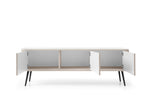 Mila TV cabinet with fluted doors open to reveal storage compartments and shelves.
