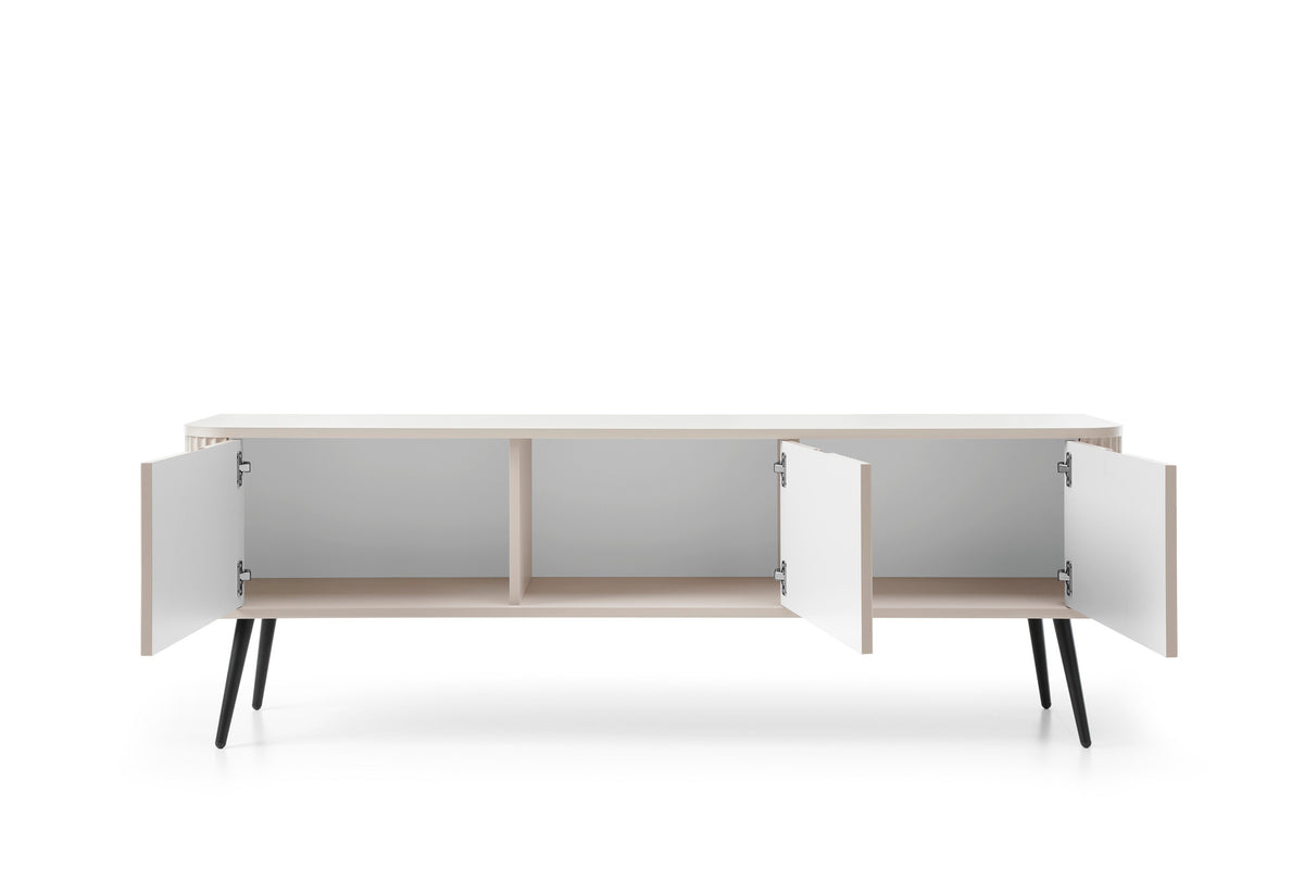 Mila TV cabinet with fluted doors open to reveal storage compartments and shelves.