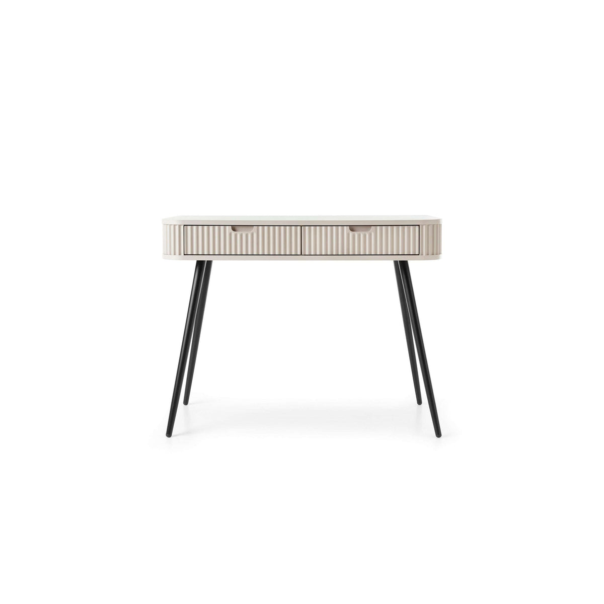Cashmere dressing table featuring a striped front drawer and black tapered legs