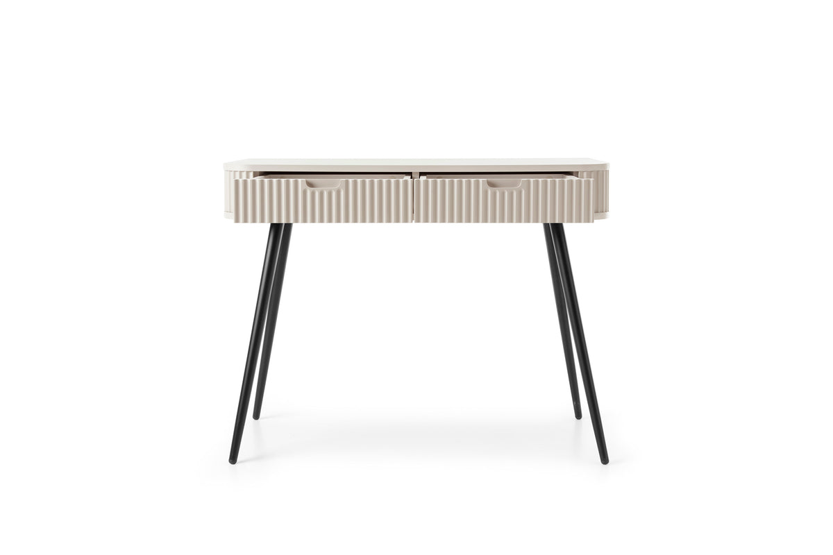 Cashmere dressing table angled view with striped drawer front and black legs