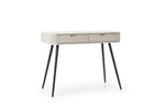 Cashmere dressing table side view with striped drawer and black tapered legs