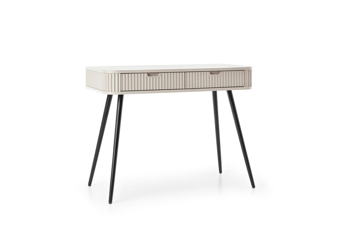 Cashmere dressing table side view with striped drawer and black tapered legs