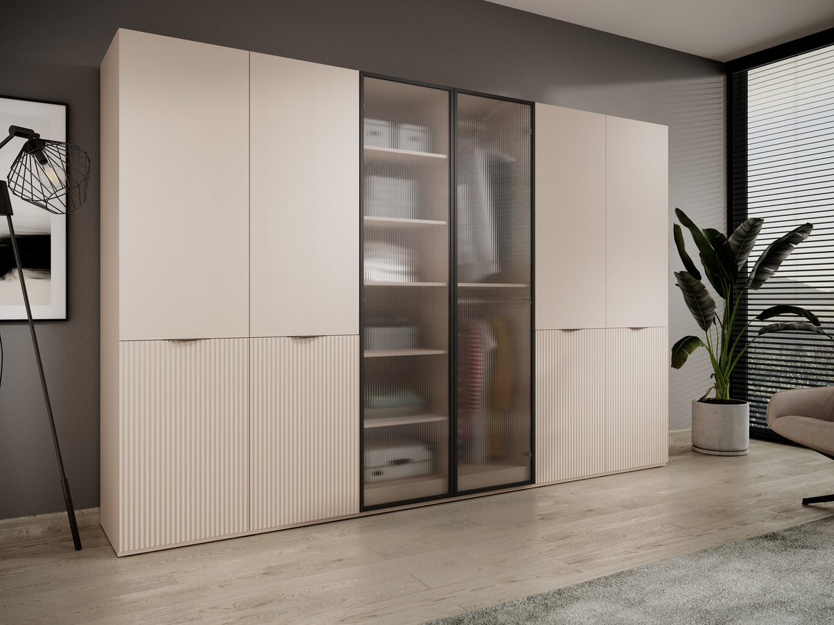 Cairo wardrobe cabinet with fluted glass doors and ribbed wood-style lower panels