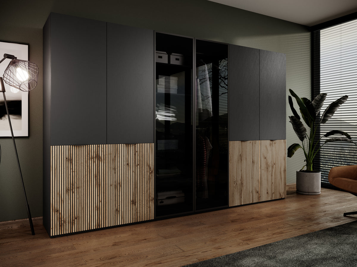 Cairo wardrobe cabinet with fluted glass doors and striped ribbed lower panel