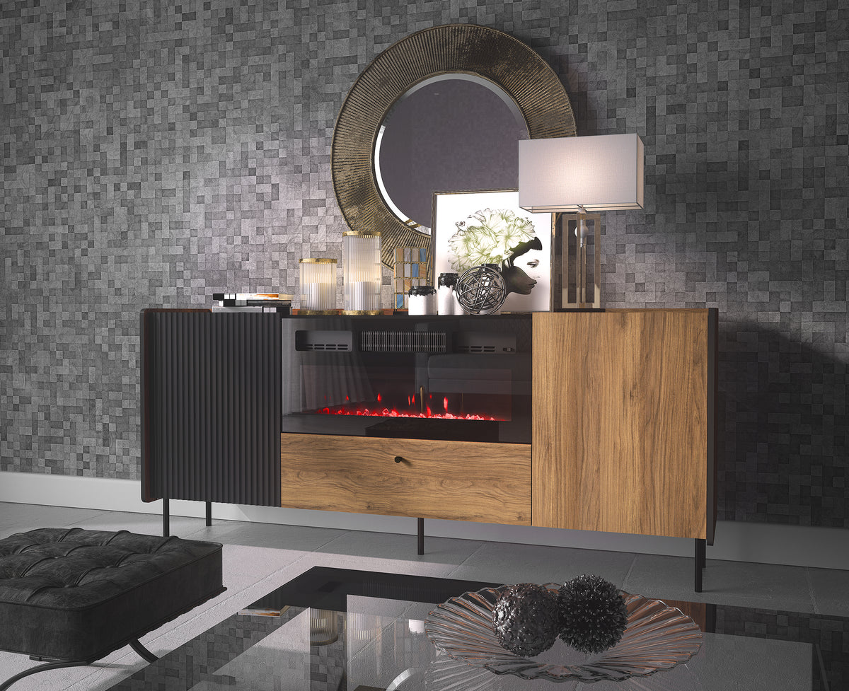 Wood sideboard with built-in electric fireplace, drawer front, black legs, ribbed doors