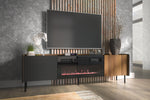 Modern TV cabinet with built-in electric fireplace, black finish and wood side panels
