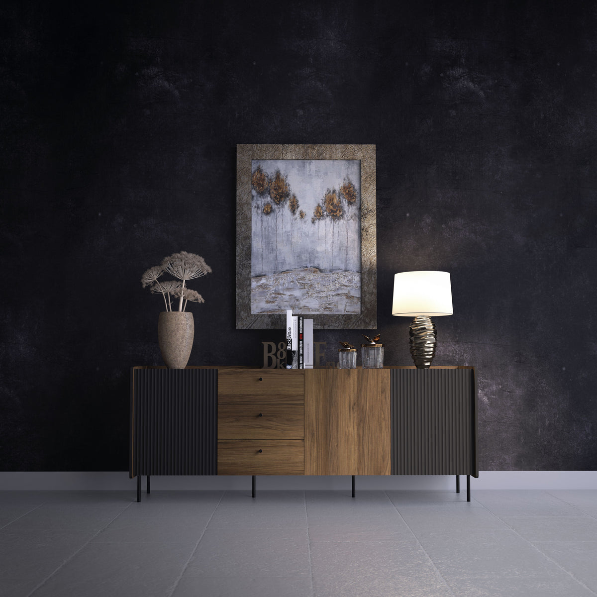 Wooden sideboard with 3 drawers and 3 doors, ribbed dark panels, black legs