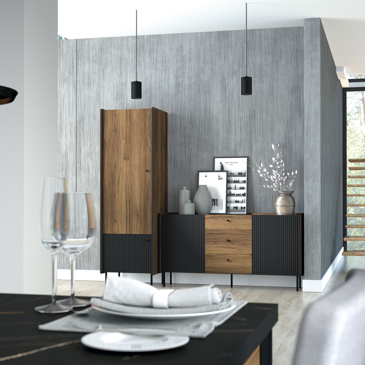 Wood sideboard cabinet with 3 drawers, 2 doors, black ribbed panels, metal legs.