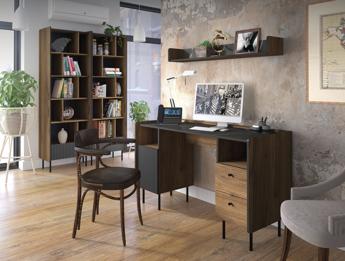 Tall dark wood bookcase with multiple open compartments for books and decor