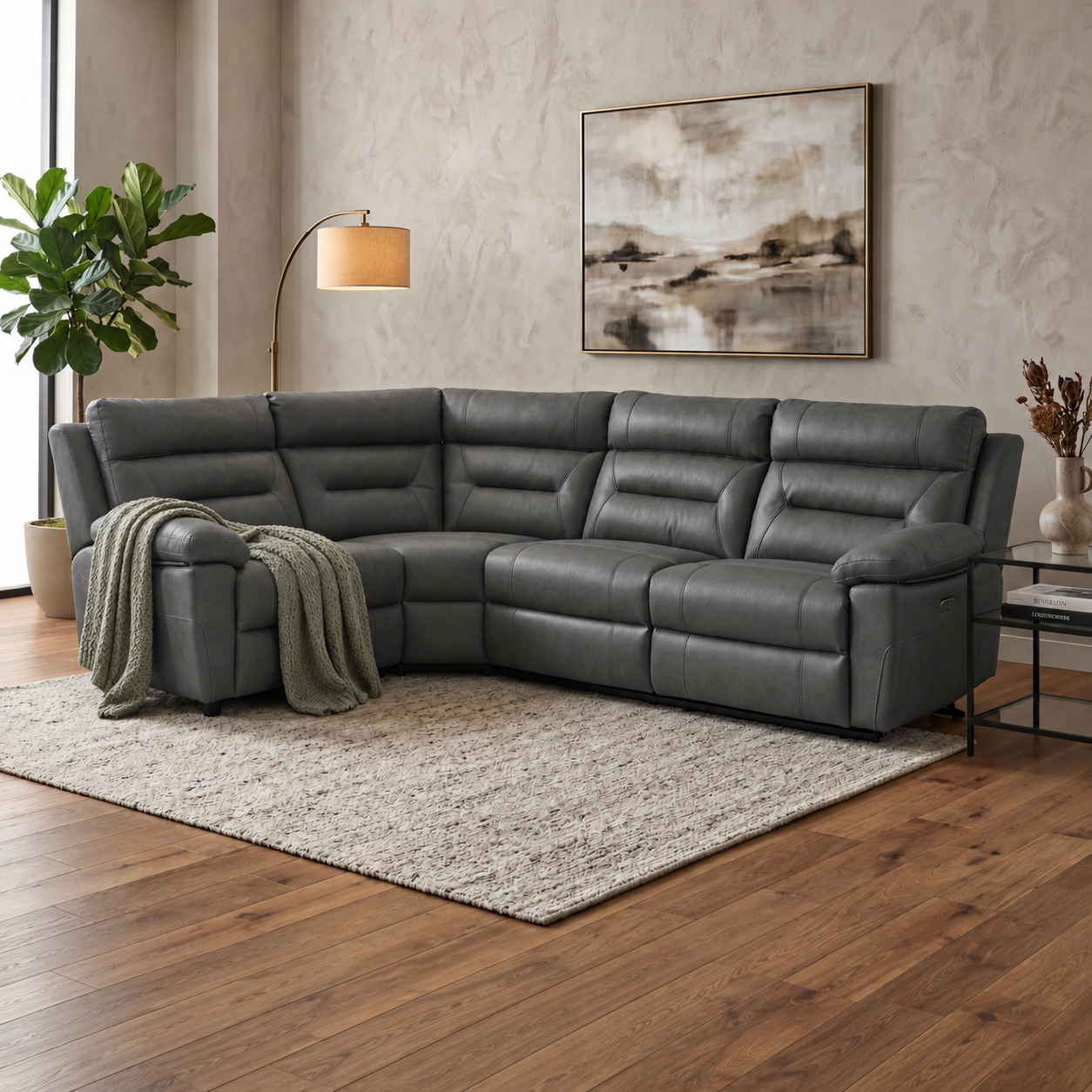 Grey electric recliner sofa with reclining back cushions and thick arm pads