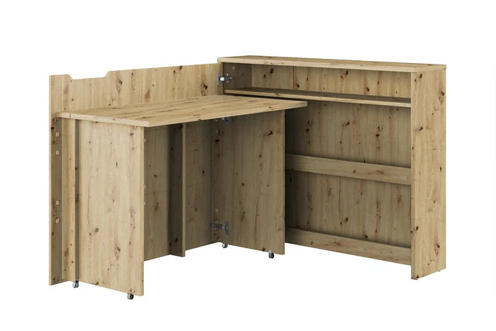 Artisan oak convertible desk with built-in storage shelves and fold-down top