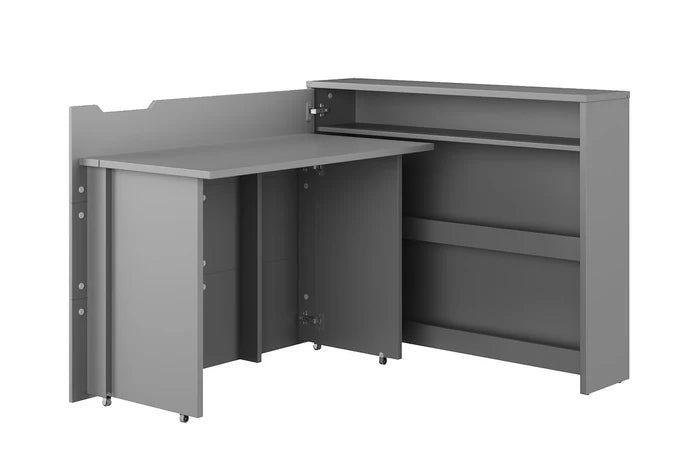 Grey convertible desk with open storage shelves and fold-down work surface