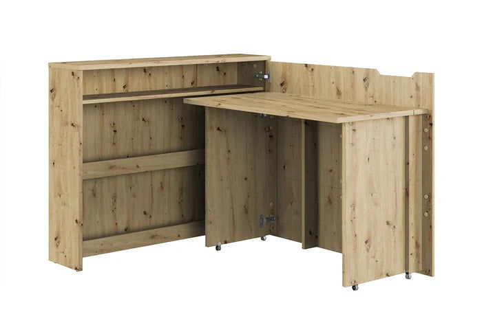 Artisan oak corner-style convertible desk with interior shelves and fold-down top