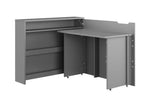 Grey convertible desk with storage, open shelves and hinged side panels