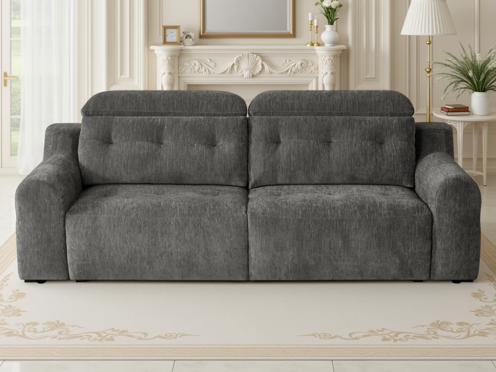 Charcoal electric sofa with tufted back and seat cushions, wide arms, front view.