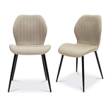 Set of two beige faux leather dining chairs with ribbed backs and black metal legs