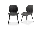 Pair of charcoal faux leather dining chairs with ribbed backs and black metal legs