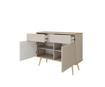 Light cream sideboard with open doors showing shelves and drawers, wave panels, gold legs