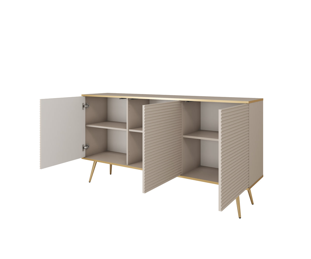 Cashmere wave 3-door sideboard with open shelves and slim wooden legs