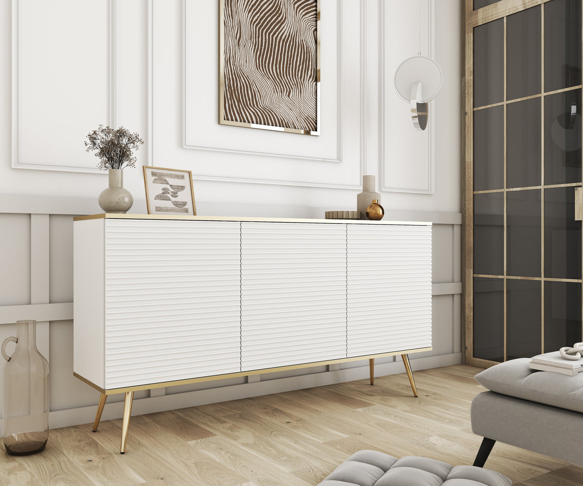 White wave 3-door sideboard with ribbed fronts and tapered wooden legs
