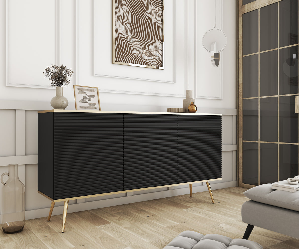 Black wave 3-door sideboard with ribbed fronts and tapered wooden legs