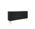 Black wave 3-door sideboard with ribbed doors and tapered wooden legs