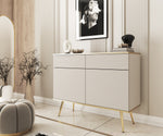 Light cream sideboard with wave slats on doors and drawers, tapered gold legs