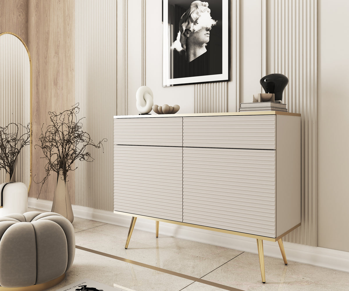 Light cream sideboard with wave slats on doors and drawers, tapered gold legs