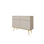 Light cream sideboard with wave paneling, 2 doors and 2 drawers, tapered gold legs
