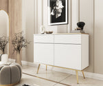 Light cream sideboard with wave slatted fronts on doors and drawers, gold legs