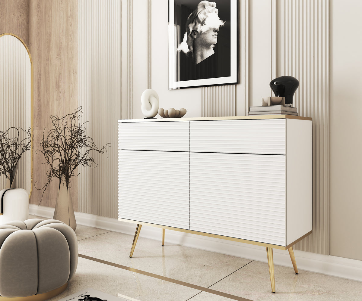 Light cream sideboard with wave slatted fronts on doors and drawers, gold legs